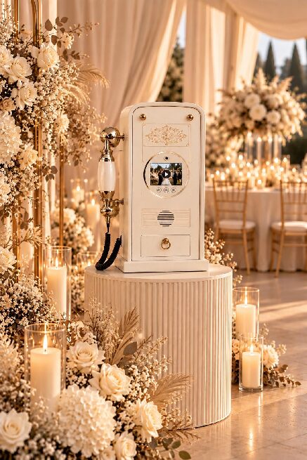Cabine de livre d'or audio avec téléphone vintage installée pour un mariage
