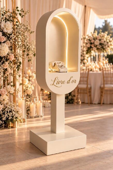 Cabine livre d'or audio champagne avec combiné téléphonique pour réception de mariage